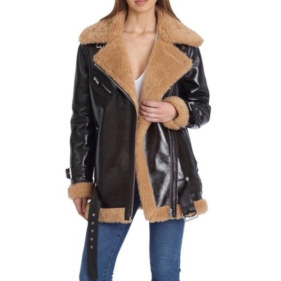 Leather Avec Les Filles Long Sherpa Biker Coat Avec Les Filles